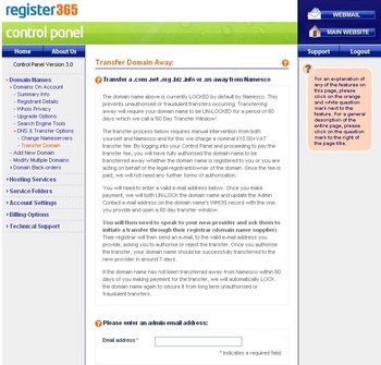 register365 namesco control panel screenshot