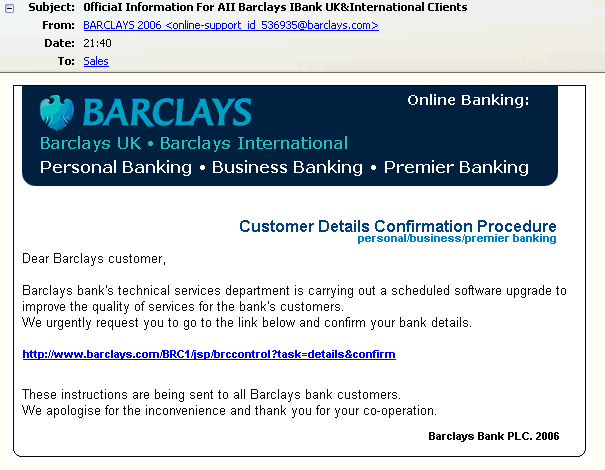 Barclays Phishing Sample