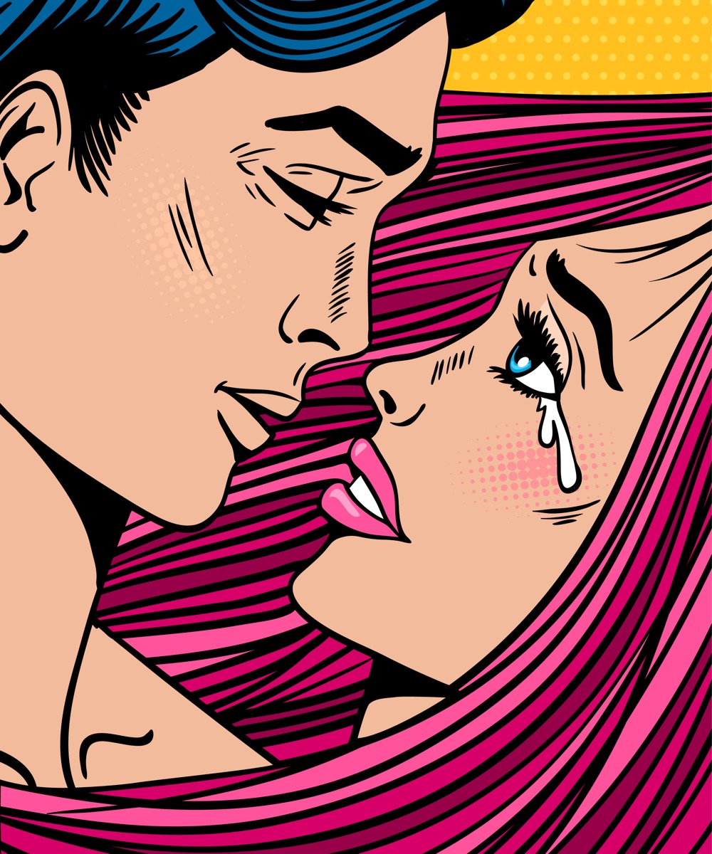 Pop art real love couple. Crying woman with pink hair and open mouth and sexy man before kiss. Vector colorful background in pop art retro comic style. Valentine's day poster.