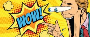 Crazy Jaw Dropping Pricing on IE Domains Hyper expressive reaction cartoon wow man face, big eyes and wide open mouth. The man points at something. Pop art retro comic book vector illustration