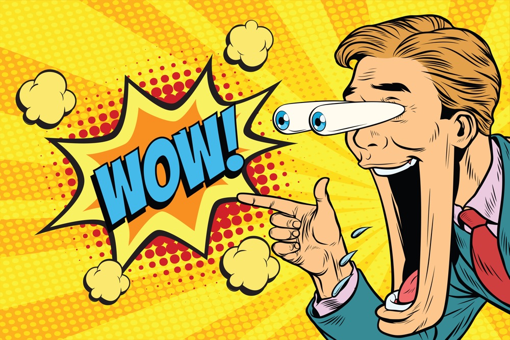 Hyper expressive reaction cartoon wow man face, big eyes and wide open mouth. The man points at something. Pop art retro comic book vector illustration
